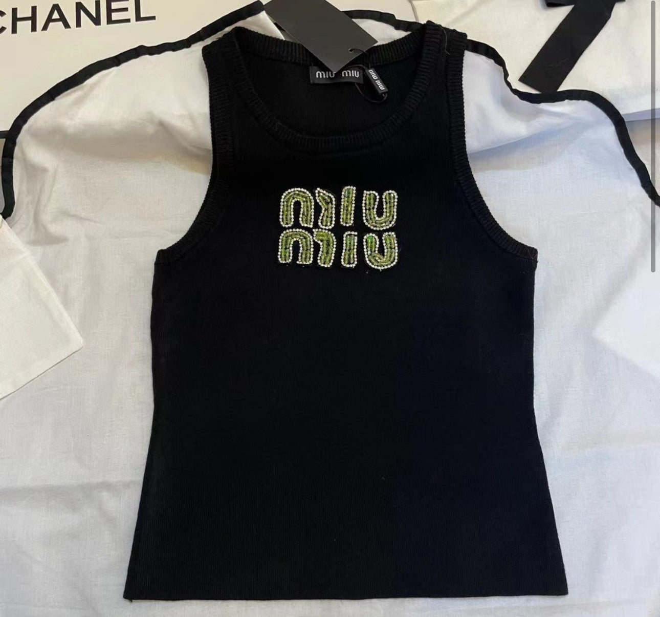 Miu miu green letters tank top